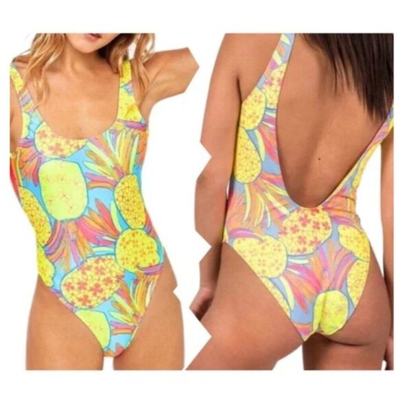 Chubbies Pinas Bathing Suit Neon Yellow Pineapple Print XLarge One Piece - Picture 3 of 8